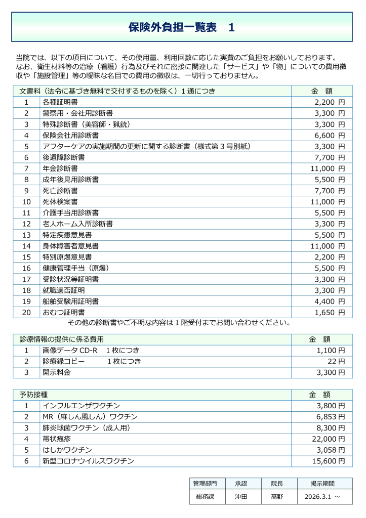 保険外負担一覧表１
